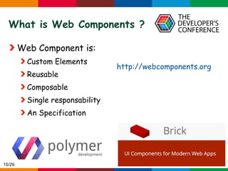 Globalcode – Open4education
What is Web Components ?
Web Component is:
Custom Elements
Reusable
Composable
Single responsability
An Specification
http://webcomponents.org
15/29
 
