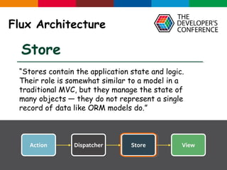Globalcode – Open4education
Flux Architecture
Store
“Stores contain the application state and logic.
Their role is somewhat similar to a model in a
traditional MVC, but they manage the state of
many objects — they do not represent a single
record of data like ORM models do.”
 