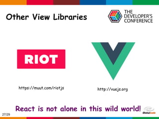 Globalcode – Open4education
Other View Libraries
http://vuejs.orghttps://muut.com/riotjs
React is not alone in this wild world!
27/29
 