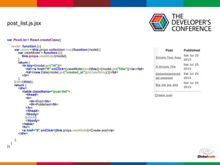 Globalcode	
  – Open4education
post_list.js.jsx
var PostList =  React.createClass({
….
render:  function  ()  {
var users  =  this.props.collection.map(function  (model)  {
var viewModel =  function  ()  {
this.props.viewModel(model);;
};;
return  (
<tr key={model.get("id")}>
<td><a  href="#"  onClick={viewModel.bind(this)}>{model.get("title")}</a></td>
<td>{new  Date(model.get("created_at")).toDateString()}</td>
</tr>
);;
}.bind(this));;
return  (
<div>
<table  className="post-­list">
<thead>
<tr>
<th>Post</th>
<th>Published</th>
</tr>
</thead>
<tbody>
{users}
</tbody>
</table>
<hr/>
<a  href="#"  onClick={this.props.newModel}>Create  post</a>
</div>
);;
}
});;
 