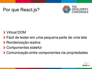 Globalcode	
  – Open4education
Por que React.js?
Virtual  DOM
Fácil  de  testar  em  uma  pequena  parte  de  uma  tela  
Renderização  reativa  
Componentes  stateful  
Comunicação  entre  componentes  via  propriedades  
 