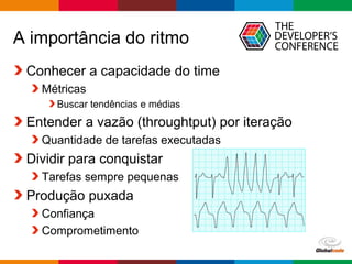 Globalcode – Open4education
A importância do ritmo
Conhecer a capacidade do time
Métricas
Buscar tendências e médias
Entender a vazão (throughtput) por iteração
Quantidade de tarefas executadas
Dividir para conquistar
Tarefas sempre pequenas
Produção puxada
Confiança
Comprometimento
 