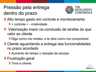 Globalcode – Open4education
Pressão pela entrega
dentro do prazo
Alto tempo gasto em controle e monitoramento
+ controle = - criatividade
Valorização maior na conclusão de tarefas do que
valor ao cliente
Diga como me medes, e te direi como me comportarei
Cliente aguardando a entrega das funcionalidades
no prazo acordado
Aumento de tempo x redução de escopo
Frustração geral
Time e cliente
 