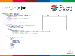 Globalcode	
  –	
  Open4education
user_list.js.jsx
var UserList = React.createClass({ 
componentDidMount: function () { 
this.props.collection.on("change", function () { 
this.forceUpdate() 
}, this); 
this.props.collection.on("reset", function () { 
this.forceUpdate() 
}, this); 
}, 
componentWillUnmount: function () { 
this.props.collection.off(null, null, this); 
}, 
render: function () { 
var users = this.props.collection.map(function (model) { 
var editModel = function () { 
this.props.editModel(model); 
}; 
return ( 
<tr key={model.get("id")}> 
<td><a href=“#” onClick={editModel.bind(this)}>{model.get("name")}</a></td> 
<td>{model.get("email")}</td> 
<td><a href=“#” onClick={model.destroy}>X</a></td> 
</tr> 
); 
}.bind(this)); 
return ( 
<table className="user-list"> 
<thead> 
<tr> 
<th>Name</th> 
<th>Email</th> 
<th>&nbsp;</th> 
</tr> 
</thead> 
<tbody> 
{users} 
</tbody> 
</table> 
); 
} 
});
 