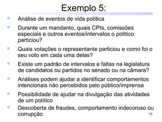 10
Exemplo 5:
 Análise de eventos de vida política
 Durante um mandanto, quais CPIs, comissões
especiais e outros eventos/intervalos o político
particiou?
 Quais votações o representante particiou e como foi o
seu voto em cada uma delas?
 Existe um padrão de intervalos e faltas na legislatura
de candidatos ou partidos no senado ou na câmara?
 Análises podem ajudar a identificar comportamentos
intencionais não percebidos pelo público/imprensa
 Possibilidade de ajudar na divulgação das atividades
de um político
 Descoberta de fraudes, comportamento indecoroso ou
corrupção
 