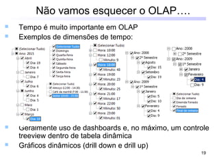 19
Não vamos esquecer o OLAP….
 Tempo é muito importante em OLAP
 Exemplos de dimensões de tempo:
 Geralmente uso de dashboards e, no máximo, um controle
treeview dentro de tabela dinâmica
 Gráficos dinâmicos (drill down e drill up)
 