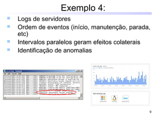 9
Exemplo 4:
 Logs de servidores
 Ordem de eventos (início, manutenção, parada,
etc)
 Intervalos paralelos geram efeitos colaterais
 Identificação de anomalias
 