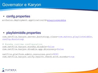 Governator e Karyon
● config.properties
● playlistmiddle.properties
archaius.deployment.applicationId=playlistmiddle
com.netflix.karyon.server.bootstrap.class=com.matera.playlistmiddle.
config.Bootstrap
# Eureka runtime configuration
com.netflix.karyon.eureka.disable=false
com.netflix.karyon.disable.app.discovery=false
netflix.platform.admin.resources.port=9093
com.netflix.karyon.unify.health.check.with.eureka=true
 