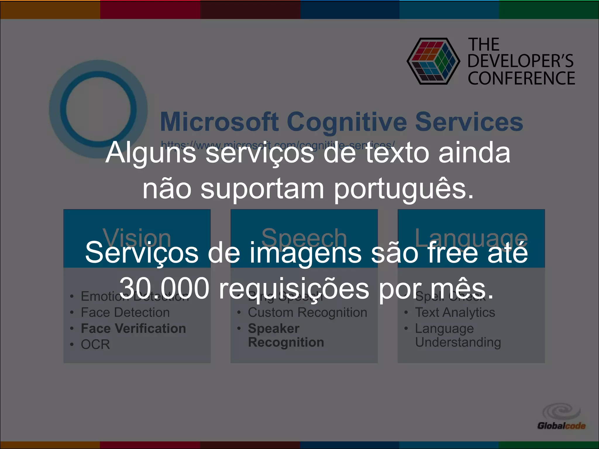 Globalcode – Open4education
Microsoft Cognitive Services
https://www.microsoft.com/cognitive-services/
Vision
• Emotion Detection
• Face Detection
• Face Verification
• OCR
Speech
• Bing Speech
• Custom Recognition
• Speaker
Recognition
Language
• Spell Check
• Text Analytics
• Language
Understanding
Alguns serviços de texto ainda
não suportam português.
Serviços de imagens são free até
30.000 requisições por mês.
 
