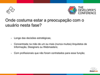 Globalcode – Open4education
Onde costuma estar a preocupação com o
usuário nesta fase?
- Longe das decisões estratégicas;
- Concentrada na mão de um ou mais (nunca muitos) Arquitetos de
Informação, Designers ou Webmasters;
- Com profissionais que não foram contratados para essa função;
 