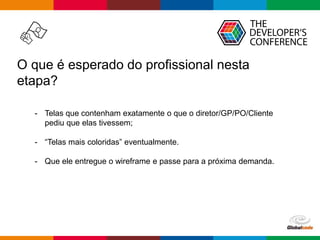 Globalcode – Open4education
O que é esperado do profissional nesta
etapa?
- Telas que contenham exatamente o que o diretor/GP/PO/Cliente
pediu que elas tivessem;
- “Telas mais coloridas” eventualmente.
- Que ele entregue o wireframe e passe para a próxima demanda.
 