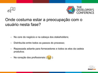 Globalcode – Open4education
Onde costuma estar a preocupação com o
usuário nesta fase?
- No core do negócio e na cabeça dos stakeholders;
- Distribuída entre todos os passos do processo;
- Repassada adiante para fornecedores e todos os elos da cadeia
produtiva;
- No coração dos profissionais ( )
 