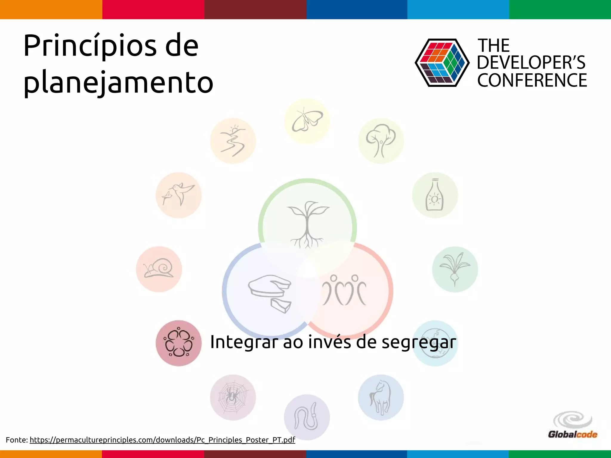 Globalcode – Open4education
Princípios de
planejamento
Integrar ao invés de segregar
Fonte: https://permacultureprinciples.com/downloads/Pc_Principles_Poster_PT.pdf
 