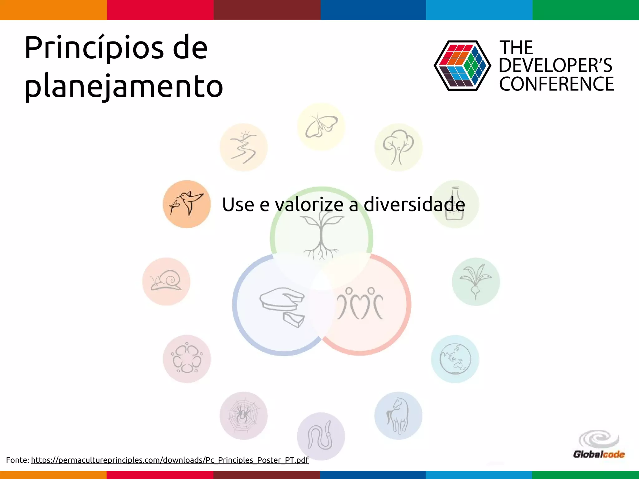 Globalcode – Open4education
Princípios de
planejamento
Use e valorize a diversidade
Fonte: https://permacultureprinciples.com/downloads/Pc_Principles_Poster_PT.pdf
 