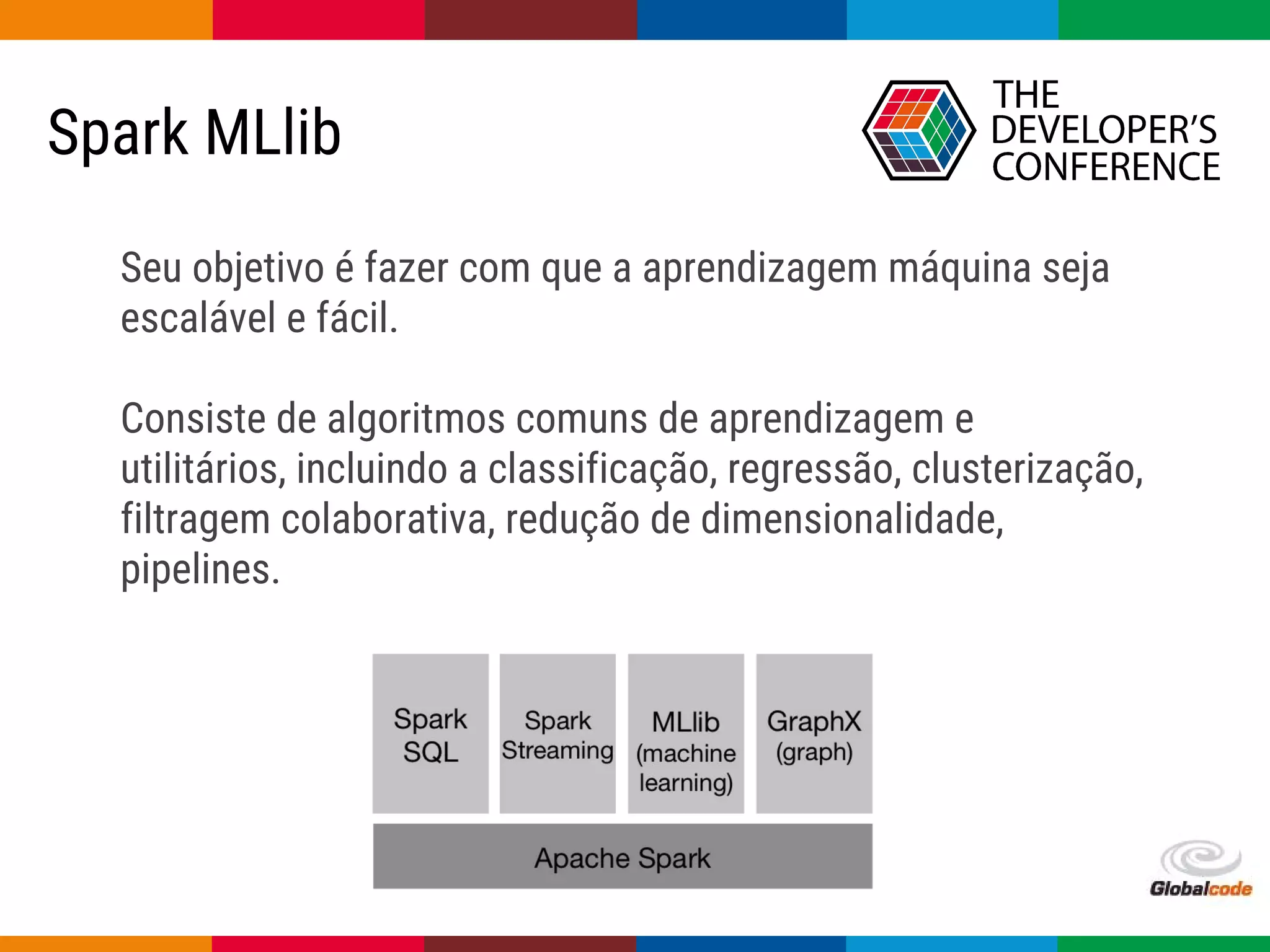Globalcode – Open4education
Spark MLlib
Seu objetivo é fazer com que a aprendizagem máquina seja
escalável e fácil.
Consiste de algoritmos comuns de aprendizagem e
utilitários, incluindo a classificação, regressão, clusterização,
filtragem colaborativa, redução de dimensionalidade,
pipelines.
 