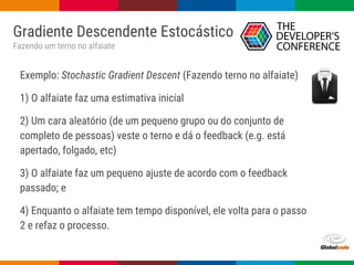 Globalcode – Open4education
Gradiente Descendente Estocástico
Fazendo um terno no alfaiate
Exemplo: Stochastic Gradient Descent (Fazendo terno no alfaiate)
1) O alfaiate faz uma estimativa inicial
2) Um cara aleatório (de um pequeno grupo ou do conjunto de
completo de pessoas) veste o terno e dá o feedback (e.g. está
apertado, folgado, etc)
3) O alfaiate faz um pequeno ajuste de acordo com o feedback
passado; e
4) Enquanto o alfaiate tem tempo disponível, ele volta para o passo
2 e refaz o processo.
 
