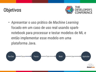 Globalcode – Open4education
• Apresentar o uso prático de Machine Learning
focado em um caso de uso real usando spark-
notebook para processar e testar modelos de ML e
então implementar esse modelo em uma
plataforma Java.
Objetivos
 