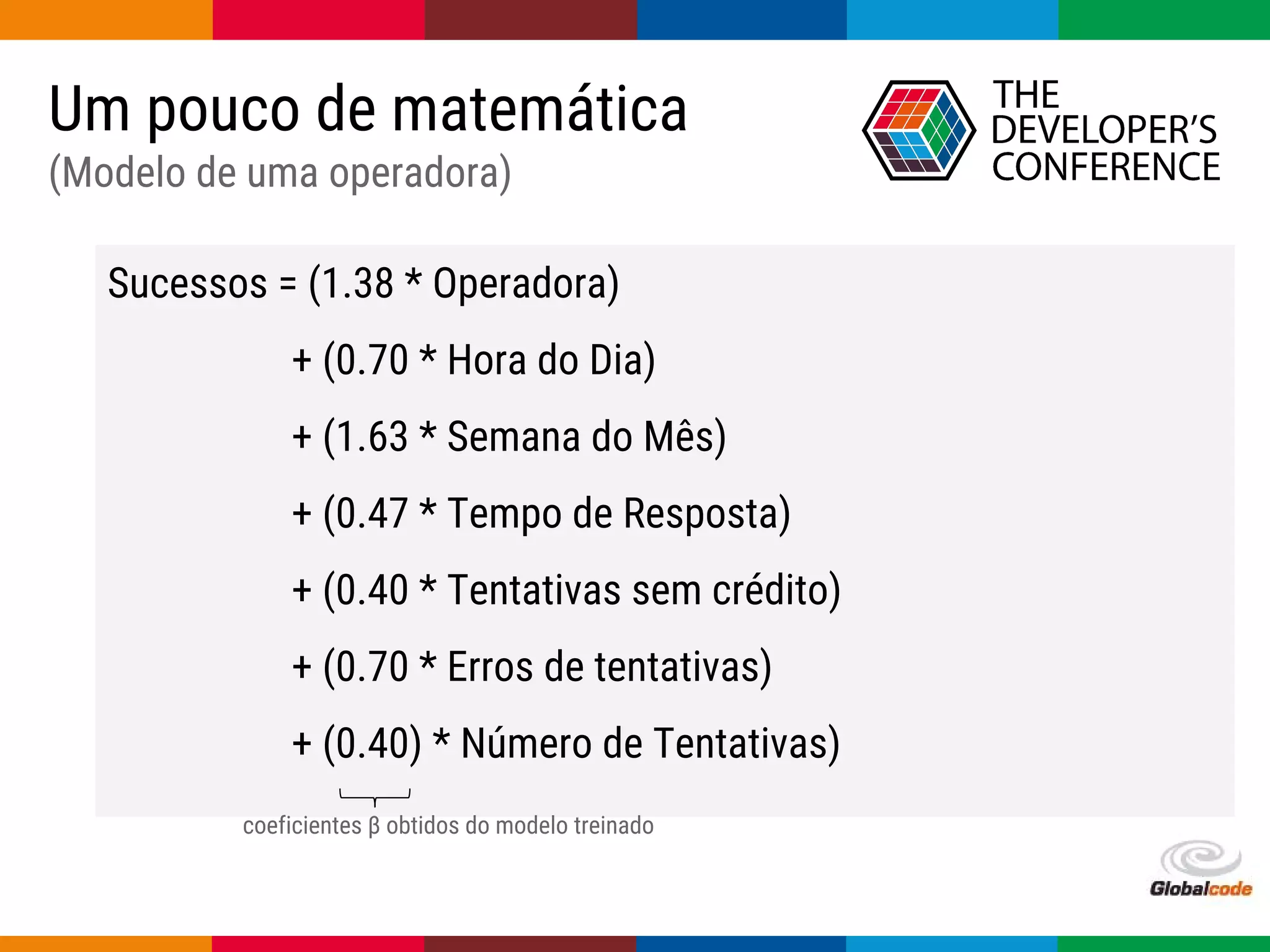 Globalcode – Open4education
Um pouco de matemática
(Modelo de uma operadora)
Sucessos = (1.38 * Operadora)
+ (0.70 * Hora do Dia)
+ (1.63 * Semana do Mês)
+ (0.47 * Tempo de Resposta)
+ (0.40 * Tentativas sem crédito)
+ (0.70 * Erros de tentativas)
+ (0.40) * Número de Tentativas)
coeficientes β obtidos do modelo treinado
 