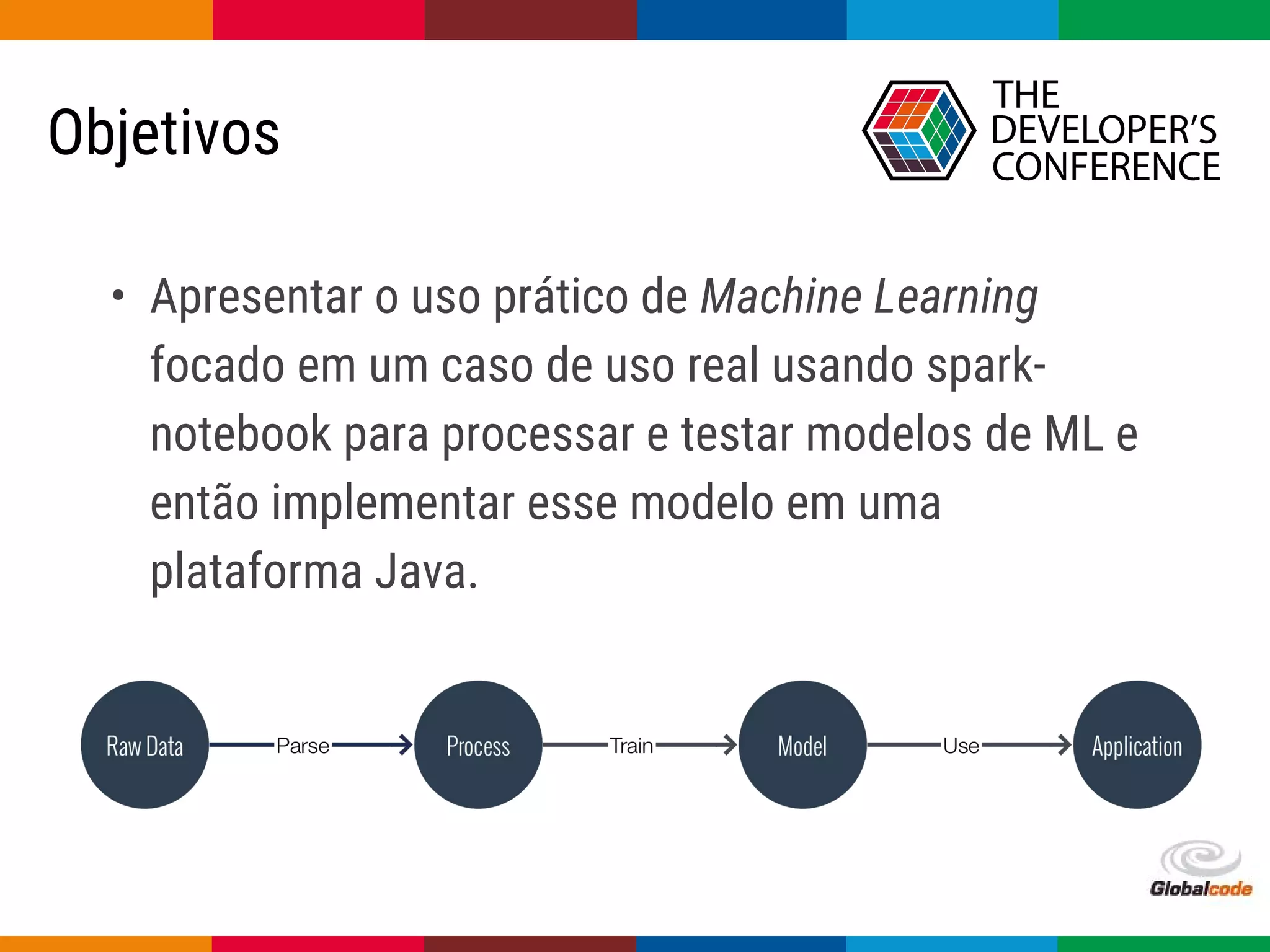 Globalcode – Open4education
• Apresentar o uso prático de Machine Learning
focado em um caso de uso real usando spark-
notebook para processar e testar modelos de ML e
então implementar esse modelo em uma
plataforma Java.
Objetivos
 