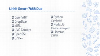 Linkit Smart 7688 Duo
✘OpenWRT
✘DropBear
✘cURL
✘UVC Camera
✘OpenSSL
✘C/C++
✘Python
✗pySerial
✘Node.JS
✗node-serialport
✘Libmraa
✗UPM
 