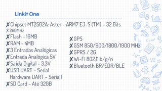 Linkit One
✘Chipset MT2502A: Aster - ARM7 EJ-S (TM) – 32 Bits
✗260MHz
✘Flash - 16MB
✘RAM - 4MB
✘3 Entradas Analógicas
✘Entrada Analógica 5V
✘Saída Digital - 3.3V
✘USB UART – Serial
Hardware UART – Serial1
✘SD Card - Até 32GB
✘GPS
✘GSM 850/900/1800/1900 MHz
✘GPRS / 2G
✘Wi-Fi 802.11 b/g/n
✘Bluetooth BR/EDR/BLE
 