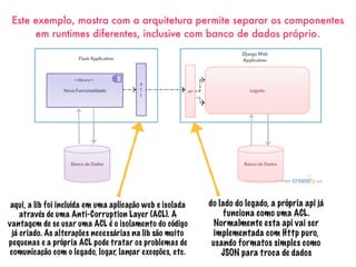 Este exemplo, mostra com a arquitetura permite separar os componentes
em runtimes diferentes, inclusive com banco de dados próprio.
aqui, a lib foi incluída em uma aplicação web e isolada
através de uma Anti-Corruption Layer (ACL). A
vantagem de se usar uma ACL é o isolamento do código
já criado. As alterações necessárias na lib são muito
pequenas e a própria ACL pode tratar os problemas de
comunicação com o legado, logar, lançar exceções, etc.
do lado do legado, a própria api já
funciona como uma ACL.
Normalmente esta api vai ser
implementada com Http puro,
usando formatos simples como
JSON para troca de dados
 