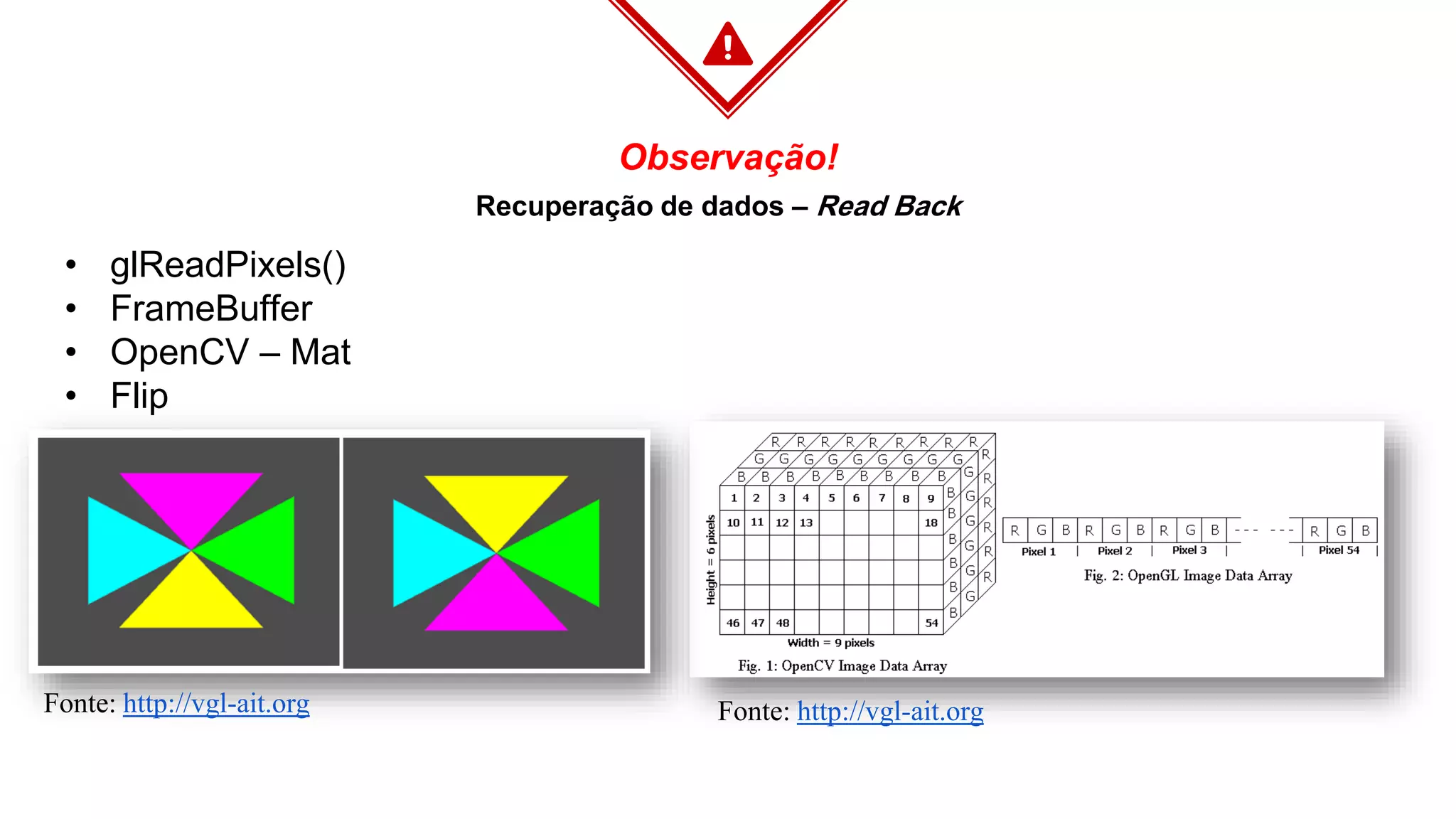Observação!
Recuperação de dados – Read Back
Fonte: http://vgl-ait.orgFonte: http://vgl-ait.org
• glReadPixels()
• FrameBuffer
• OpenCV – Mat
• Flip
 