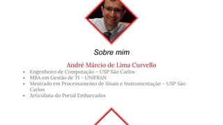 Sobre mim
André Márcio de Lima Curvello
◈ Engenheiro de Computação – USP São Carlos
◈ MBA em Gestão de TI - UNIFRAN
◈ Mestrado em Processamento de Sinais e Instrumentação – USP São
Carlos
◈ Articulista do Portal Embarcados
 