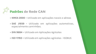 Padrões de Rede CAN
▸ NMEA 2000 – Utilizado em aplicações navais e aéreas
▸ SAE J1939 - Utilizado em aplicações automotivas,
especialmente caminhões.
▸ DIN 9684 – Utilizado em Aplicações Agrícolas
▸ ISO 11783 – Utilizado em aplicações agrícolas - ISOBUS
 
