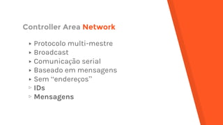 Controller Area Network
▸ Protocolo multi-mestre
▸ Broadcast
▸ Comunicação serial
▸ Baseado em mensagens
▸ Sem “endereços”
▹ IDs
▹ Mensagens
 