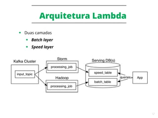 12
Arquitetura Lambda
● Duas camadas
● Batch layer
● Speed layer
 