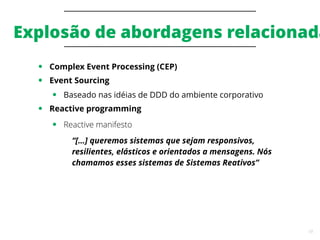 19
Explosão de abordagens relacionada
● Complex Event Processing (CEP)
● Event Sourcing
● Baseado nas idéias de DDD do ambiente corporativo
● Reactive programming
● Reactive manifesto
“[…] queremos sistemas que sejam responsivos,
resilientes, elásticos e orientados a mensagens. Nós
chamamos esses sistemas de Sistemas Reativos”
 