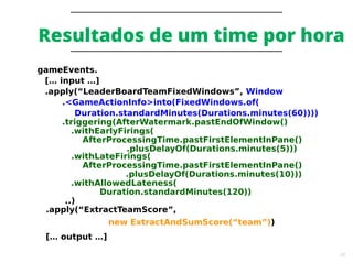 38
Resultados de um time por hora
gameEvents.
[… input …]
.apply(“LeaderBoardTeamFixedWindows”, Window
.<GameActionInfo>into(FixedWindows.of(
Duration.standardMinutes(Durations.minutes(60))))
.triggering(AfterWatermark.pastEndOfWindow()
.withEarlyFirings(
AfterProcessingTime.pastFirstElementInPane()
.plusDelayOf(Durations.minutes(5)))
.withLateFirings(
AfterProcessingTime.pastFirstElementInPane()
.plusDelayOf(Durations.minutes(10)))
.withAllowedLateness(
Duration.standardMinutes(120))
..)
.apply(“ExtractTeamScore”,
new ExtractAndSumScore(“team”))
[… output …]
 