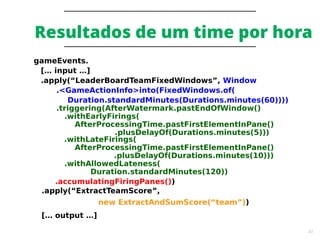 40
Resultados de um time por hora
gameEvents.
[… input …]
.apply(“LeaderBoardTeamFixedWindows”, Window
.<GameActionInfo>into(FixedWindows.of(
Duration.standardMinutes(Durations.minutes(60))))
.triggering(AfterWatermark.pastEndOfWindow()
.withEarlyFirings(
AfterProcessingTime.pastFirstElementInPane()
.plusDelayOf(Durations.minutes(5)))
.withLateFirings(
AfterProcessingTime.pastFirstElementInPane()
.plusDelayOf(Durations.minutes(10)))
.withAllowedLateness(
Duration.standardMinutes(120))
.accumulatingFiringPanes())
.apply(“ExtractTeamScore”,
new ExtractAndSumScore(“team”))
[… output …]
 