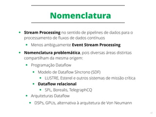 49
Nomenclatura
● Stream Processing no sentido de pipelines de dados para o
processamento de fluxos de dados contínuos
● Menos ambiguamente Event Stream Processing
● Nomenclatura problemática, pois diversas áreas distintas
compartilham da mesma origem:
● Programação Dataflow
● Modelo de Dataflow Síncrono (SDF)
● LUSTRE, Esterel e outros sistemas de missão crítica
● Dataflow relacional
● SPL, Borealis, TelegraphCQ
● Arquiteturas Dataflow
● DSPs, GPUs, alternativa à arquitetura de Von Neumann
 