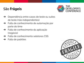 Globalcode – Open4education
São frágeis
➔ Dependência entre casos de teste ou suites
de teste (não independentes)
➔ Falta de conhecimento de automação por
parte do time
➔ Falta de conhecimento da aplicação
(negócio)
➔ Falta de conhecimento seletores CSS
➔ Falta de padrões
 