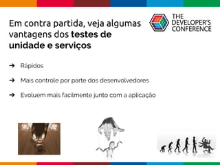 Globalcode – Open4education
Em contra partida, veja algumas
vantagens dos testes de
unidade e serviços
➔ Rápidos
➔ Mais controle por parte dos desenvolvedores
➔ Evoluem mais facilmente junto com a aplicação
 