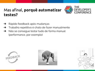 Globalcode – Open4education
➔ Rápido feedback após mudanças
➔ Trabalho repetitivo é chato de fazer manualmente
➔ Não se consegue testar tudo de forma manual
(performance, por exemplo)
Mas afinal, porquê automatizar
testes?
 