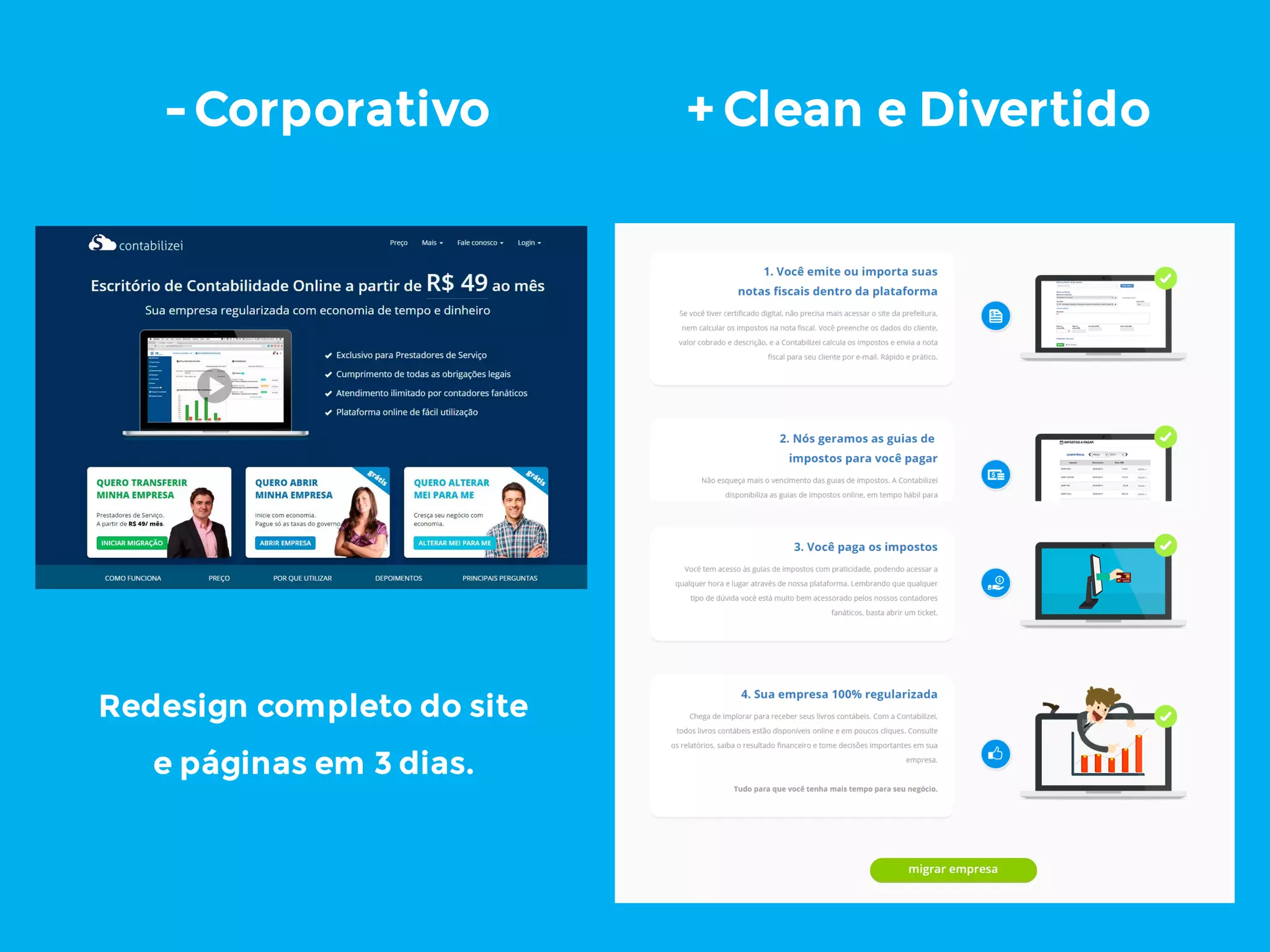 -Corporativo + Clean e Divertido
Redesign completo do site
e páginas em 3 dias.
 