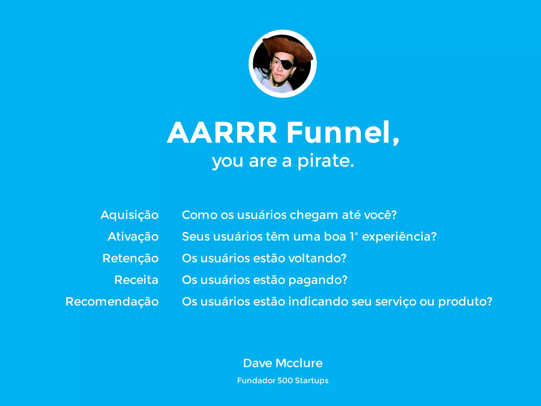 Como os usuários chegam até você?
Seus usuários têm uma boa 1ª experiência?
Os usuários estão voltando?
Os usuários estão pagando?
Os usuários estão indicando seu serviço ou produto?
AARRR Funnel,
you are a pirate.
Aquisição
Ativação
Retenção
Receita
Recomendação
Dave Mcclure
Fundador 500 Startups
 