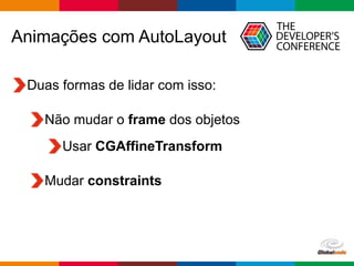 Globalcode – Open4education
Duas formas de lidar com isso:
Não mudar o frame dos objetos
Usar CGAffineTransform
Mudar constraints
Animações com AutoLayout
 