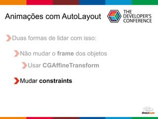 Globalcode – Open4education
Duas formas de lidar com isso:
Não mudar o frame dos objetos
Usar CGAffineTransform
Animações com AutoLayout
Mudar constraints
 