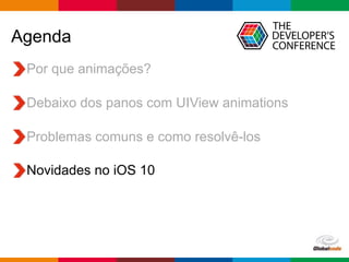 Globalcode – Open4education
Agenda
Por que animações?
Debaixo dos panos com UIView animations
Problemas comuns e como resolvê-los
Novidades no iOS 10
 