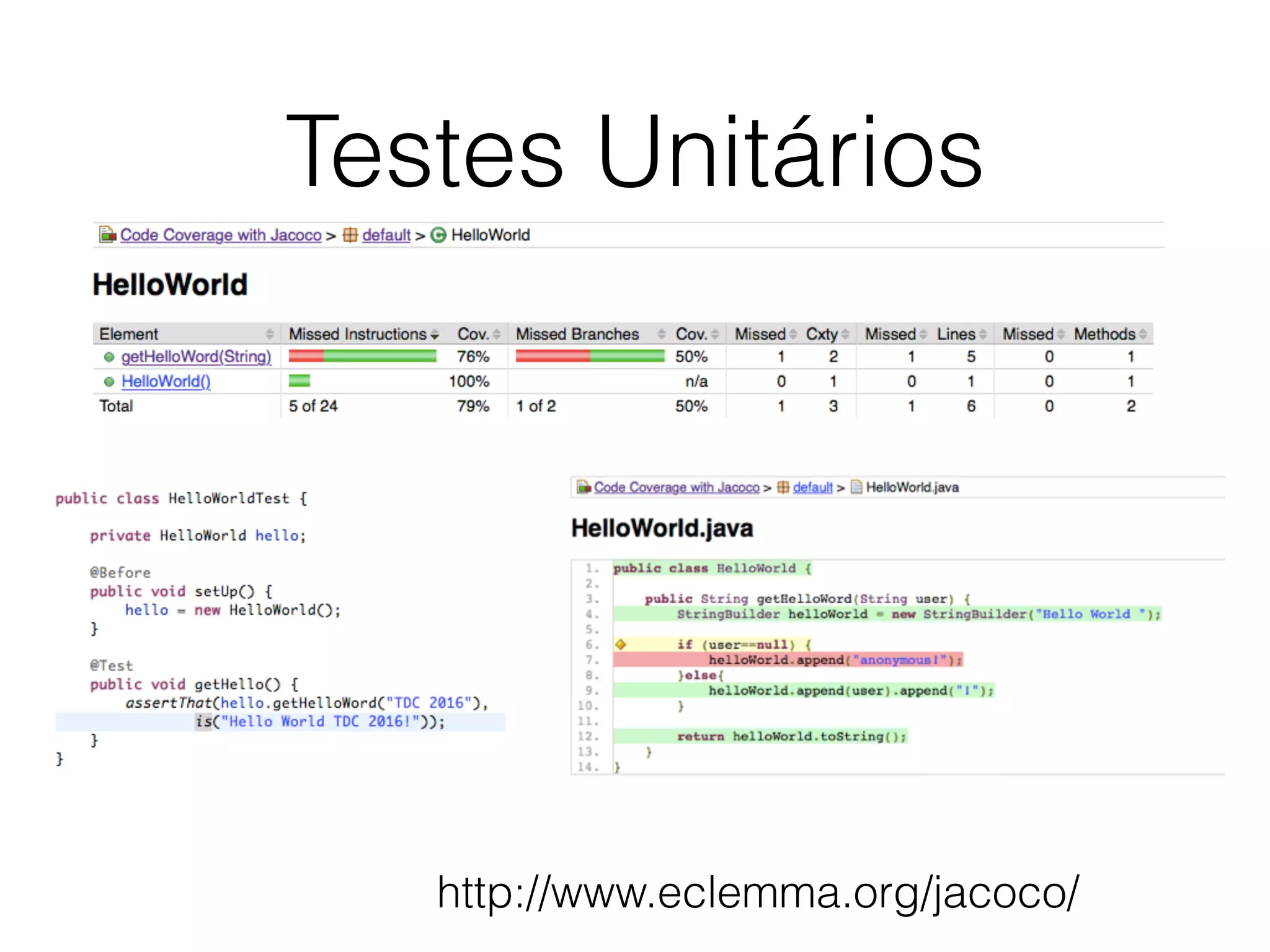 Testes Unitários
http://www.eclemma.org/jacoco/
 