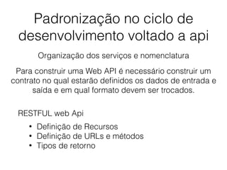 Padronização no ciclo de
desenvolvimento voltado a api
Organização dos serviços e nomenclatura
Para construir uma Web API é necessário construir um
contrato no qual estarão deﬁnidos os dados de entrada e
saída e em qual formato devem ser trocados.
RESTFUL web Api
• Deﬁnição de Recursos
• Deﬁnição de URLs e métodos
• Tipos de retorno
 