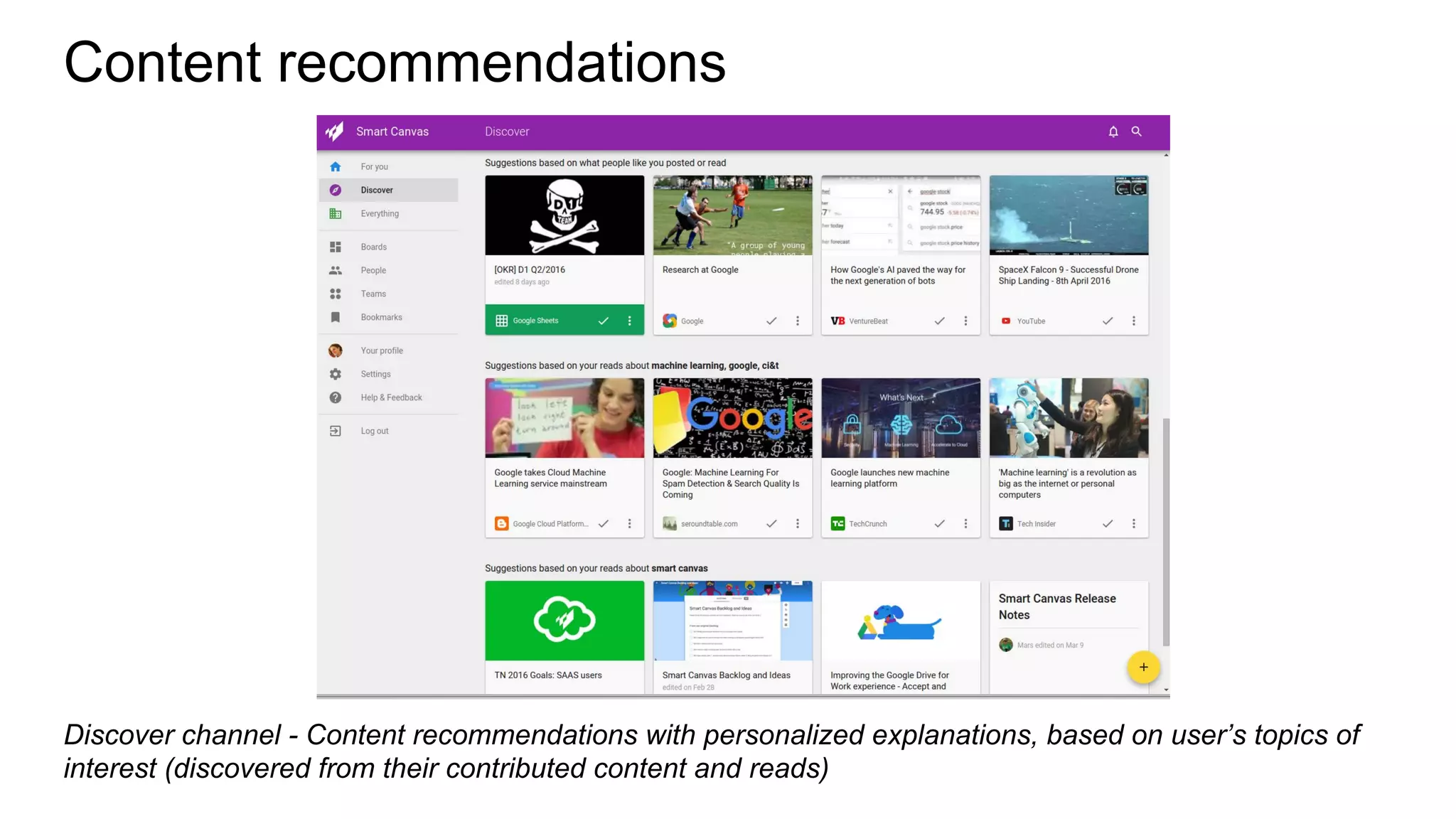 Content recommendations
Discover channel - Content recommendations with personalized explanations, based on user’s topics of
interest (discovered from their contributed content and reads)
 