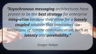 “Asynchronous messaging architectures have
proven to be the best strategy for enterprise
integration because they allow for a loosely
coupled solution that overcomes the
limitations of remote communication, such as
latency and unreliability.”
Gregor Hohpe
 