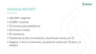 Estatísticas Abril/2017
• 200.000+ msgs/dia
• 32.000+ Usuários
• 22 serviços para plataforma
• 26 tenants criados
• 65 containers
• Plataforma: 6 devs inicialmente, atualmente somos em 12
• Negócio: 5 devs inicialmente, atualmente somos em 70 devs, 11
equipes
 