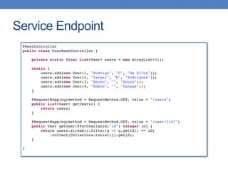 Service Endpoint
@RestController
public class UserRestController {
private static final List<User> users = new ArrayList<>();
static {
users.add(new User(1, "Rodrigo", "C", "da Silva"));
users.add(new User(2, "Israel", "B", "Rodriguez"));
users.add(new User(3, "Bruno", "", "Souza"));
users.add(new User(4, "Edson", "", "Yanaga"));
}
@RequestMapping(method = RequestMethod.GET, value = "/users")
public List<User> getUsers() {
return users;
}
@RequestMapping(method = RequestMethod.GET, value = "/user/{id}")
public User getUser(@PathVariable("id") Integer id) {
return users.stream().filter(g -> g.getId() == id)
.collect(Collectors.toList()).get(0);
}
}
 