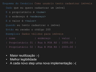 Globalcode – Open4education
Esquema do Cenário: Como usuário tento cadastrar imóveis
Dado que eu quero cadastrar um imóvel
E o proprietário é <nome>
E o endereço é <endereço>
E o valor é <valor>
Quando eu tento cadastrar o imóvel
Então eu recebo o código 200
Exemplos: Dados válidos para imóveis
| nome | endereço | valor |
| Proprietário 01 | Rua A POA RS | 1000.00 |
| Proprietário 02 | Rua B POA RS | 2000.00 |
• Maior reutilização :-)
• Melhor legibilidade
• A cada novo step uma nova implementação :-(
 